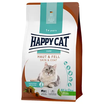 Happy Cat Care Haut & Fell Skin & Coat, glutenfri opskrift, Made in Germany, uden tilsatte konserveringsmidler, 88% animalsk protein, All in One Natural Life Concept.