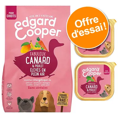 Edgard Cooper pour chiots, fabuleux canard & poulet élevés en plein air, sans céréales, cocktail énergétique de légumes et fruits. Offre d’essai visible sur l’emballage. Edgard Cooper pour chiots, fabuleux canard & poulet élevés en plein air, sans céréales, cocktail énergétique de légumes et fruits. Offre d’essai visible sur l’emballage.