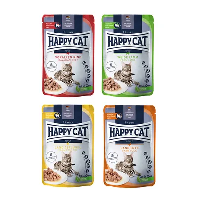 Happy Cat Adult våtfoder för katter, sorter: Voralpen Rind, Weide Lamm, Land Geflügel, Land Ente. För katter från 1 år, även lämpligt för steriliserade katter.