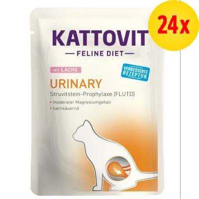Kattovit Feline Diet Urinary mit Lachs, Struvitstein-Prophylaxe (FLUTD), moderater Magnesiumgehalt, harnsäuernd, forbedret opskrift, 24x