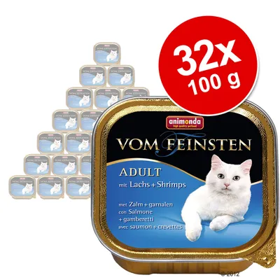 Animonda Vom Feinsten Adult s lososom a krevetami, 32×100 g. Na obale biely kocúr, text: mit Lachs + Shrimps, adult. Veľký červený kruh s nápisom 32x 100 g. Animonda Vom Feinsten Adult s lososom a krevetami, 32×100 g. Na obale biely kocúr, text: mit Lachs + Shrimps, adult. Veľký červený kruh s nápisom 32x 100 g.