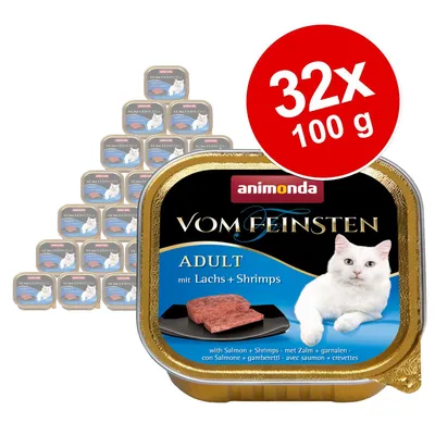 animonda Vom Feinsten ADULT mit Lachs + Shrimps, lot de 32 barquettes de 100 g, image d’un chat blanc et pâtée avec saumon et crevettes visibles sur l’emballage