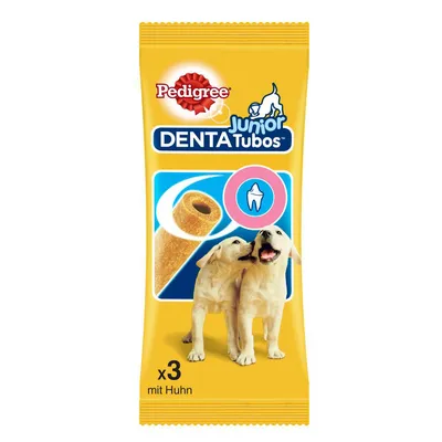 Pedigree Junior DentaTubos med kyckling, tandvårdssnacks för valpar, förpackningen innehåller 3 stycken.