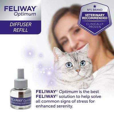 Feliway Optimum diffuser refill. Text states it is the best Feliway solution to help solve all common signs of stress for enhanced serenity. Veterinary recommended.
