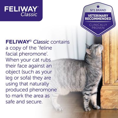 FELIWAY Classic contains a copy of the feline facial pheromone, used by cats to mark areas as safe and secure. Veterinary recommended and clinically proven.