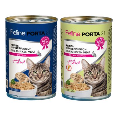 Feline Porta 21, Feines Hühnerfleisch Fine Chicken Meat pur/pure, sans sucres ajoutés, conserve avec photo de chat et bol de viande. Badge Best Seller visible sur l’emballage.