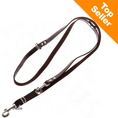 Brun hundesnor i læder med metalspænder og karabinhage. Synlig tekst: Top Seller.