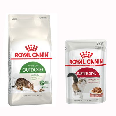 Royal Canin Feline Preference Savour Exigent oraz Royal Canin Instinctive 85 g. Opakowania karmy dla kotów, widoczne logo i znak procentowy oznaczający promocję.