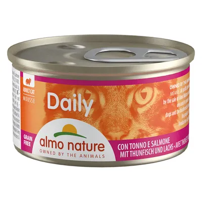 almo nature Daily Adult Cat Mousse, grain free, mit Thunfisch und Lachs. Orangene Dose mit Katzenmotiv.