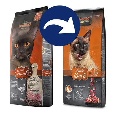Leonardo Adult Duck Katzenfutter mit extra frischem Geflügel, 85% tierisches Eiweiss, geeignet für langhaarige Katzen. Verpackung zeigt Produktdetails und Abbildung von Katzen. Leonardo Adult Duck Katzenfutter mit extra frischem Geflügel, 85% tierisches Eiweiss, geeignet für langhaarige Katzen. Verpackung zeigt Produktdetails und Abbildung von Katzen.