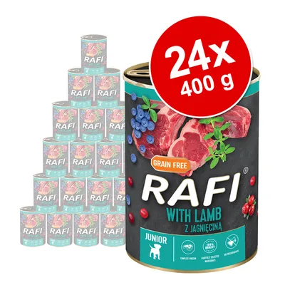 Rafi Junior mokré krmivo s jehněčím, bez obilovin. Balení: 24 konzerv po 400 g. S borůvkami a brusinkami, bez konzervantů.