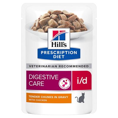 Hill's Prescription Diet Digestive Care i/d per gatti, bocconcini in salsa con pollo. Testo visibile: VETERINARIAN RECOMMENDED, ACTIVBIOME+, TENDER CHUNKS IN GRAVY WITH CHICKEN.