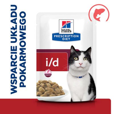 Hill's Prescription Diet i/d, wspomaganie układu trawiennego, ilustracja kawałków karmy i kota, polski tekst: WSPARCIE UKŁADU POKARMOWEGO.