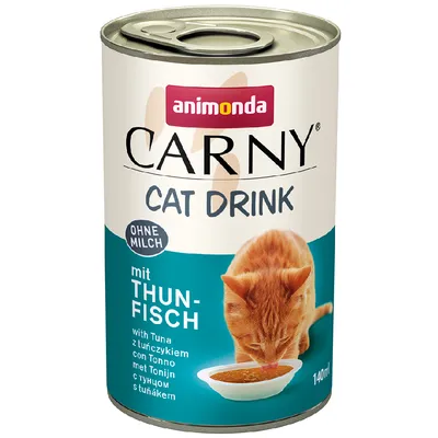Boîte Animonda Carny Cat Drink, sans lait, mit Thunfisch, 140 ml. Chat roux buvant dans une coupelle. Texte multilingue visible sur l’emballage. Boîte Animonda Carny Cat Drink, sans lait, mit Thunfisch, 140 ml. Chat roux buvant dans une coupelle. Texte multilingue visible sur l’emballage.