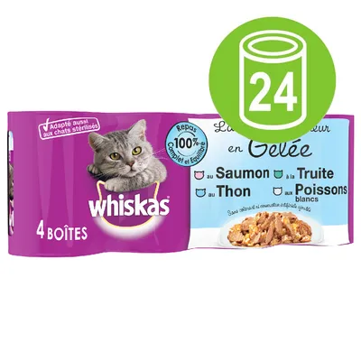 whiskas 4 boîtes, adapté aussi aux chats stérilisés, repas 100 % complet et équilibré, saveurs : saumon, thon, truite, poissons blancs, lot de 24 indiqué dans un cercle vert