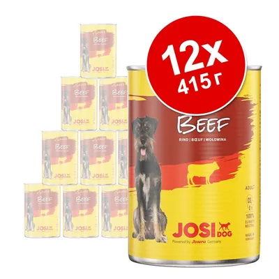 Комплект 12 консерви JosiDog Beef по 415 г. Видими надписи: BEEF, RIND | BOEUF | WOŁOWINA, ADULT, 100% CLIMATE NEUTRAL, MADE IN GERMANY, Powered by Josera Germany. Комплект 12 консерви JosiDog Beef по 415 г. Видими надписи: BEEF, RIND | BOEUF | WOŁOWINA, ADULT, 100% CLIMATE NEUTRAL, MADE IN GERMANY, Powered by Josera Germany.