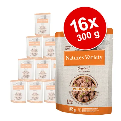 Nature's Variety Original Pâté cu pui, 16x300g, fără cereale, ingrediente naturale. Ambalaj și imaginea produsului vizibile.