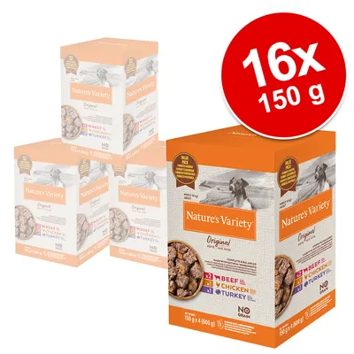 Nature's Variety Original Multipack, 16x150g, Sorten: Beef, Chicken, Turkey, getreidefrei. Vier Packungen mit Abbildung des Futters und Hund auf der Verpackung.