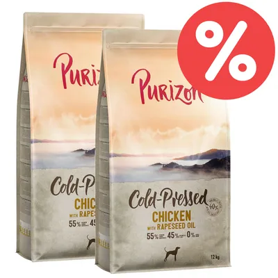 Purizon Cold-Pressed Chicken mit Rapsöl, 12kg. 55% Huhn, 45% Gemüse, 0% Getreide. Zwei Säcke mit Rabatt-Symbol.