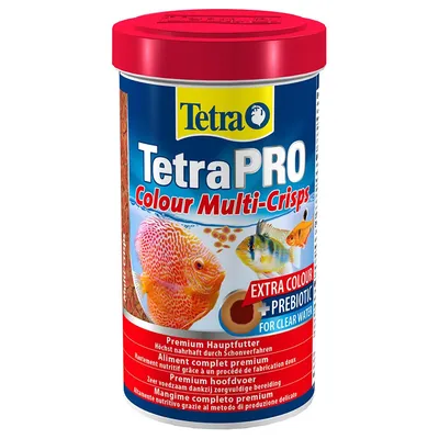 Barattolo TetraPRO Colour Multi-Crisps, mangime completo premium per pesci, con scritta 'EXTRA COLOUR + PREBIOTIC FOR CLEAR WATER', immagini di pesci e crocchette visibili sull'etichetta. Barattolo TetraPRO Colour Multi-Crisps, mangime completo premium per pesci, con scritta 'EXTRA COLOUR + PREBIOTIC FOR CLEAR WATER', immagini di pesci e crocchette visibili sull'etichetta.