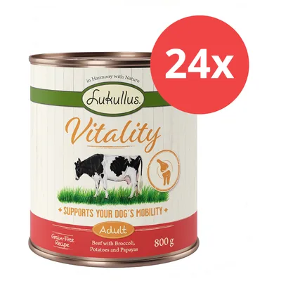 Lukullus Vitality Adult, 24x800g, Grain-Free Recipe, Beef with Broccoli, Potatoes and Papayas. Supports your dog's mobility.