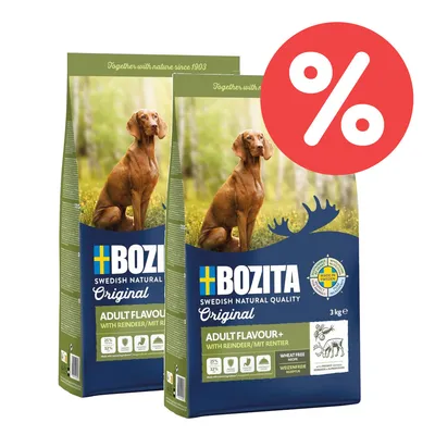 Bozita Original Adult Flavour+ mit Rentier, 3 kg, weizenfrei, schwedische Qualität. Zwei Packungen mit rotem Prozentzeichen für Rabatt. Bozita Original Adult Flavour+ mit Rentier, 3 kg, weizenfrei, schwedische Qualität. Zwei Packungen mit rotem Prozentzeichen für Rabatt.