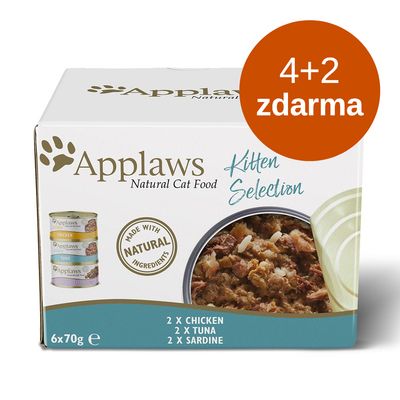 Applaws Natural Cat Food Kitten Selection 6×70g: 2×chicken, 2×tuna, 2×sardine. Nápis '4+2 zdarma'. Made with natural ingredients.