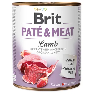 Brit Paté & Meat Lamb – čistá paštéta s kúskami orgánov a mäsa. Grain free, soy & GMO free. Viditeľné kúsky jahňacieho mäsa na obale.