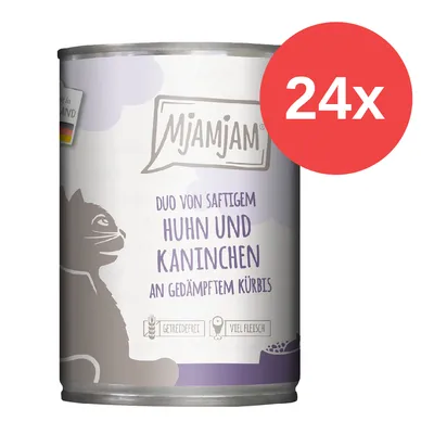 MjAMjAM Duo von saftigem Huhn und Kaninchen an gedämpftem Kürbis, getreidefrei, viel Fleisch. 24x Dose.