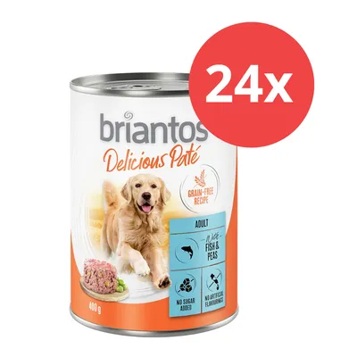 briantos Delicious Paté, Adult, recette sans céréales, avec poisson et pois, sans sucre ajouté, sans arômes artificiels, 400 g, lot de 24.