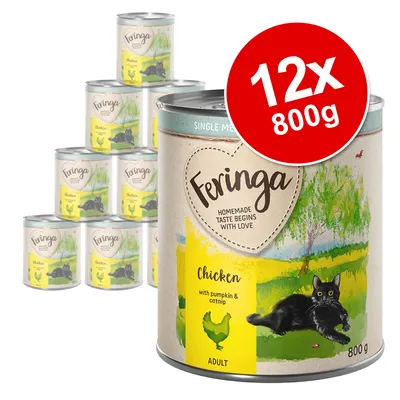 Pack of 12 tins, each 800g, labelled as chicken with pumpkin and catnip for adult pets. Visible text: 'Homemade taste begins with love'.