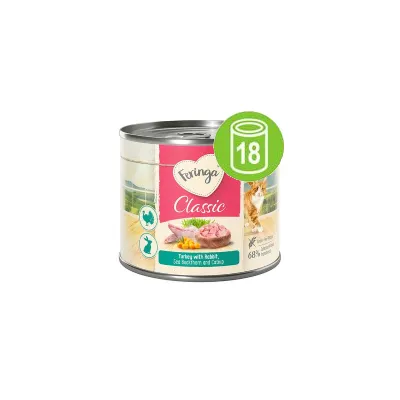 Feringa Classic kattenvoer blik, kalkoen met konijn, duindoorn en kattenkruid, 68% geselecteerde ingrediënten. Groene cirkel met symbool en cijfer 18 op het blik.