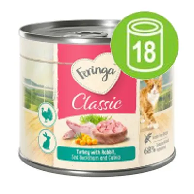 Feringa Classic kattenvoer blik, kalkoen met konijn, duindoorn en kattenkruid, 68% geselecteerde ingrediënten. Groene cirkel met symbool en cijfer 18 op het blik. Feringa Classic kattenvoer blik, kalkoen met konijn, duindoorn en kattenkruid, 68% geselecteerde ingrediënten. Groene cirkel met symbool en cijfer 18 op het blik.