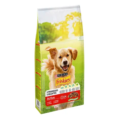 Sac de croquettes Purina Friskies Active, 10 kg, 5 promesses, goût bœuf, sans colorant artificiel, visuel de croquettes et mentions nutritionnelles visibles sur l’emballage.
