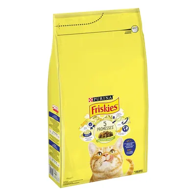 Purina Friskies kissanruoka, 4 kg pussi. Pakkauksessa teksti: 5 Promesses, sans colorants artificiels. Kuvassa oranssi kissa ja tuotetietoja sivulla. Purina Friskies kissanruoka, 4 kg pussi. Pakkauksessa teksti: 5 Promesses, sans colorants artificiels. Kuvassa oranssi kissa ja tuotetietoja sivulla.