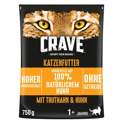 Crave karma dla kotów, wysoka zawartość białka, z 100% naturalnym kurczakiem, bez zbóż, z indykiem i kurczakiem, 750g, dla kotów od 1 roku.