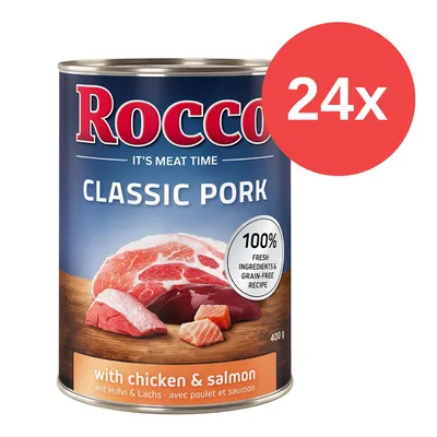 Rocco Classic Pork med kyckling och lax, 100 % färska ingredienser, spannmålsfritt recept, 400 g burk, 24-pack.