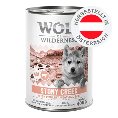 Wolf of Wilderness Stony Creek, Fresh Poultry Meat and Beef, 100% grain-free recipe, Junior, 400g, hergestellt in Österreich Wolf of Wilderness Stony Creek, Fresh Poultry Meat and Beef, 100% grain-free recipe, Junior, 400g, hergestellt in Österreich