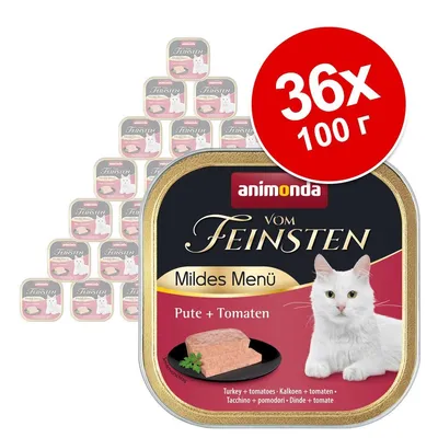 Animonda Vom Feinsten Mildes Menü Pute + Tomaten, 36 х 100 г. Опаковка с изображение на бяла котка и парче месо. Видими са множество индивидуални опаковки.
