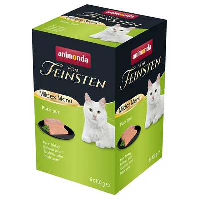 Animonda Vom Feinsten Mildes Menü pure turkey, cat food, 6 x 100 g. Packaging shows a white tomcat and a served piece of food. Animonda Vom Feinsten Mildes Menü pure turkey, cat food, 6 x 100 g. Packaging shows a white tomcat and a served piece of food.