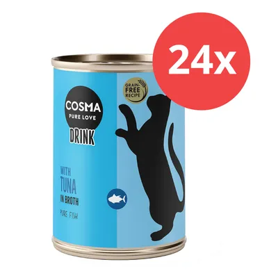 Cosma Pure Love Drink, receta sin cereales, con atún en caldo. El paquete contiene 24 latas. Cosma Pure Love Drink, receta sin cereales, con atún en caldo. El paquete contiene 24 latas.