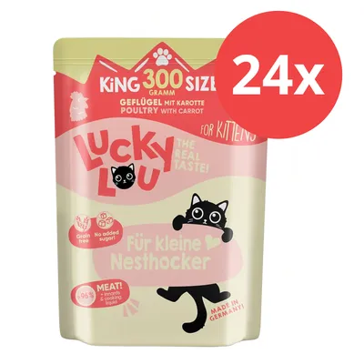 Lucky Lou King Size 300g Geflügel mit Karotte für Kätzchen, getreidefrei, ohne Zuckerzusatz, 96% Fleischanteil, Made in Germany. Packung mit 24 Stück. Lucky Lou King Size 300g Geflügel mit Karotte für Kätzchen, getreidefrei, ohne Zuckerzusatz, 96% Fleischanteil, Made in Germany. Packung mit 24 Stück.