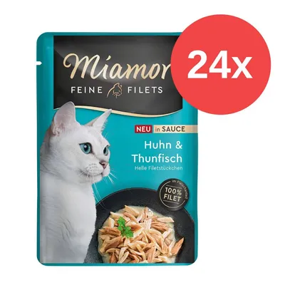 Miamor Feine Filets, poulet et thon en sauce, morceaux de filet clairs, 100% filet, lot de 24 portions. Miamor Feine Filets, poulet et thon en sauce, morceaux de filet clairs, 100% filet, lot de 24 portions.