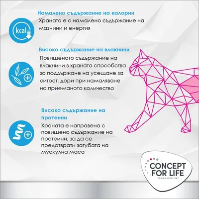 Concept for Life. Намалено съдържание на калории, високо съдържание на фибри и високо съдържание на протеини са изтъкнати като предимства на храната.