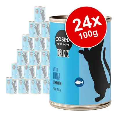 Cosma Pure Love Drink with Tuna in Broth, Pure Fish, 24 x 100g cans. Blue packaging with black cat silhouette and red label showing pack size. Cosma Pure Love Drink with Tuna in Broth, Pure Fish, 24 x 100g cans. Blue packaging with black cat silhouette and red label showing pack size.