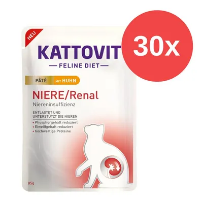 Kattovit Feline Diet pâté au poulet, rein/renal pour insuffisance rénale. Teneur réduite en phosphore et protéines, protéines de qualité. Pack de 85g, 30 pièces.