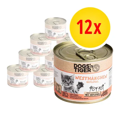 12 lattine DOGS'n TIGER Nesthäkchen Geflügel, 100% natural, 70% Geflügel, alimento completo per gatti, testo in tedesco sull'etichetta.