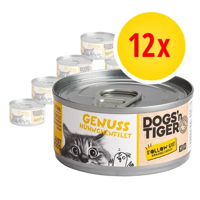 12 lattine DOGS'n TIGER GENUSS HÜHNCHENFILET, etichetta con disegno di gatto e pollo, testo FOLLOW US! www.dogs-tiger.de visibile sulla confezione.