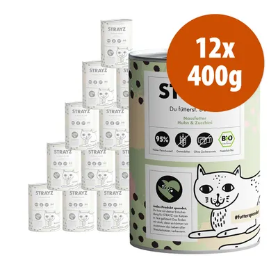 STRAYZ Nassfutter Huhn & Zucchini, confezione 12x400g. Testo visibile: 95% Hoher Fleischanteil, Getreidefrei, Ohne Zuckerzusatz, Natürlich Bio. Etichetta in tedesco. STRAYZ Nassfutter Huhn & Zucchini, confezione 12x400g. Testo visibile: 95% Hoher Fleischanteil, Getreidefrei, Ohne Zuckerzusatz, Natürlich Bio. Etichetta in tedesco.