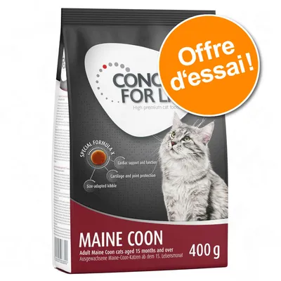 CONCEPT FOR LIFE Maine Coon, croquettes pour chats adultes dès 15 mois, 400 g. Offre d’essai visible sur l’emballage. Texte en anglais : cardiac support, joint protection, size-adapted kibble. CONCEPT FOR LIFE Maine Coon, croquettes pour chats adultes dès 15 mois, 400 g. Offre d’essai visible sur l’emballage. Texte en anglais : cardiac support, joint protection, size-adapted kibble.
